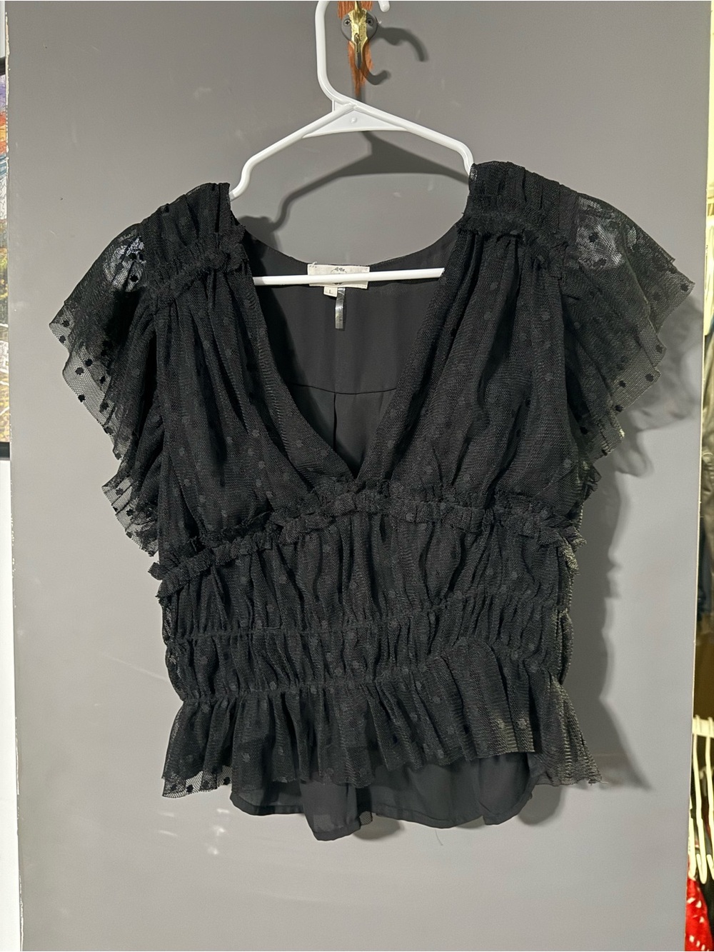 entro Black Sheer Smocked V-Neck Ruffle Blouse